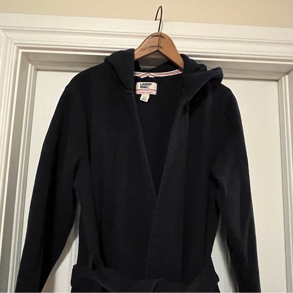 Land’ End Women’s Size Large Navy Blue Serious Sweats Fleece Lined Bathrobe Robe - Picture 2 of 11
